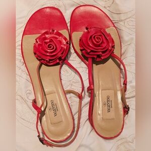 Valentino Garavani Pink-Red Floral Leather Slingback Sandals